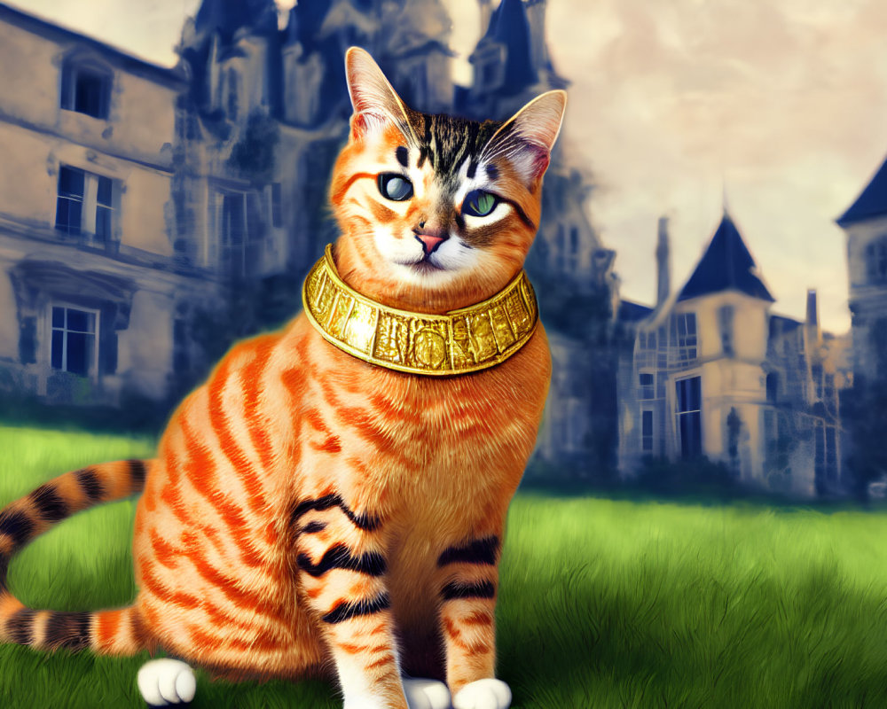 Vivid Orange Tabby Cat with Blue Eyes in Front of Gothic Castle
