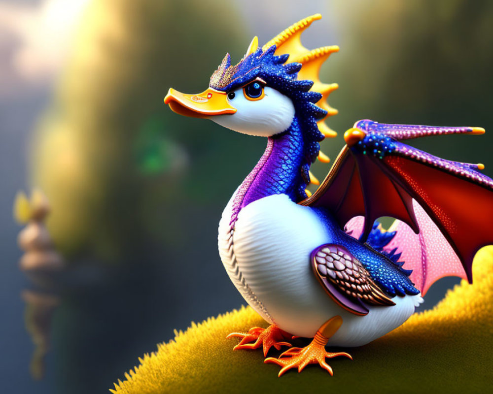 Colorful Dragon-Duck Hybrid on Mossy Ledge in 3D Illustration