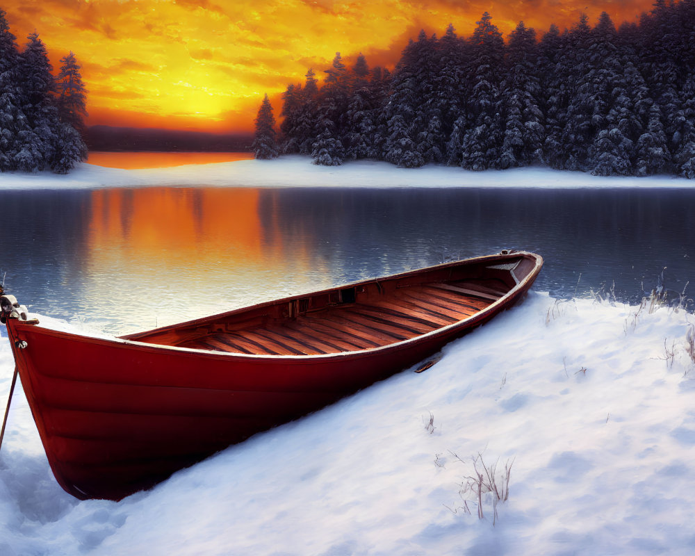 Red boat on snowy shore by tranquil lake at sunset with snowy evergreen trees