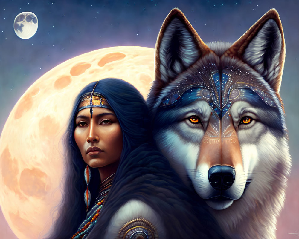 Digital artwork of woman with Native American features and detailed wolf under full moon