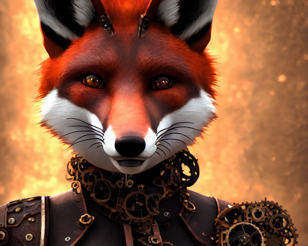 Steampunk-inspired anthropomorphic fox with glowing orange eyes and intricate gear details.