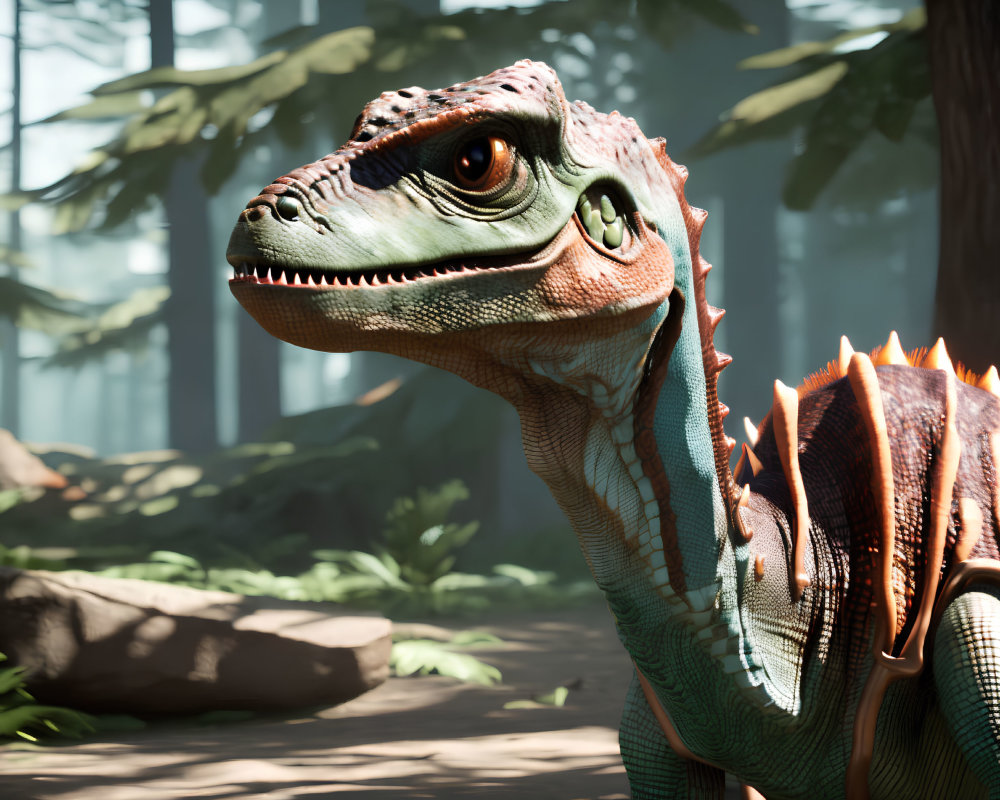 Detailed Velociraptor Dinosaur Head with Scales and Textures in Forest Setting