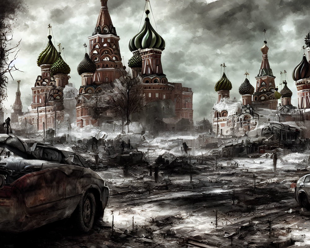Ravaged post-apocalyptic cityscape with damaged vehicles and decaying architecture.