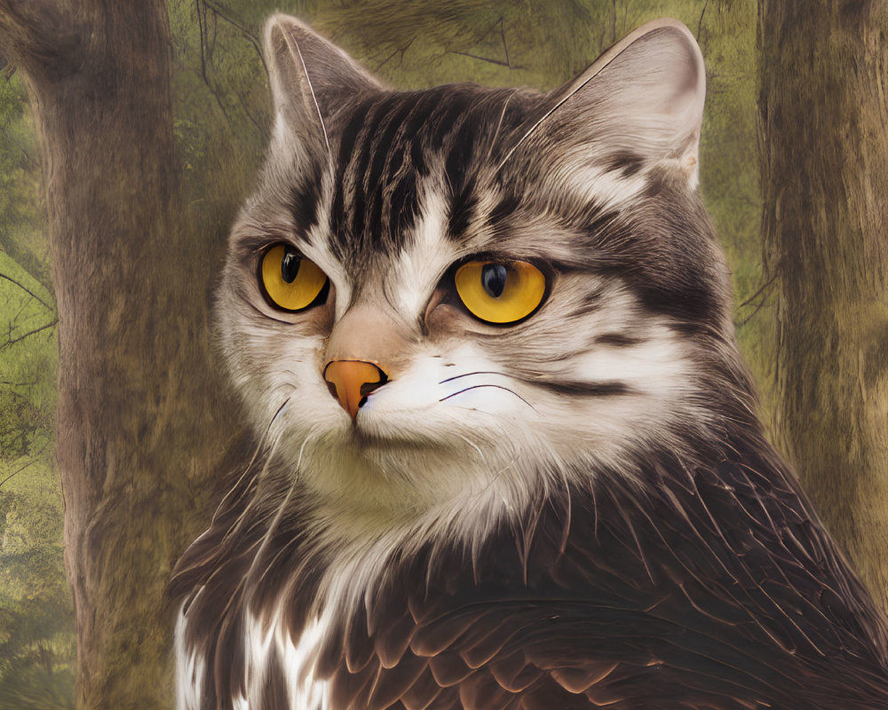 Digital artwork: Cat's face merged with owl body in forest setting