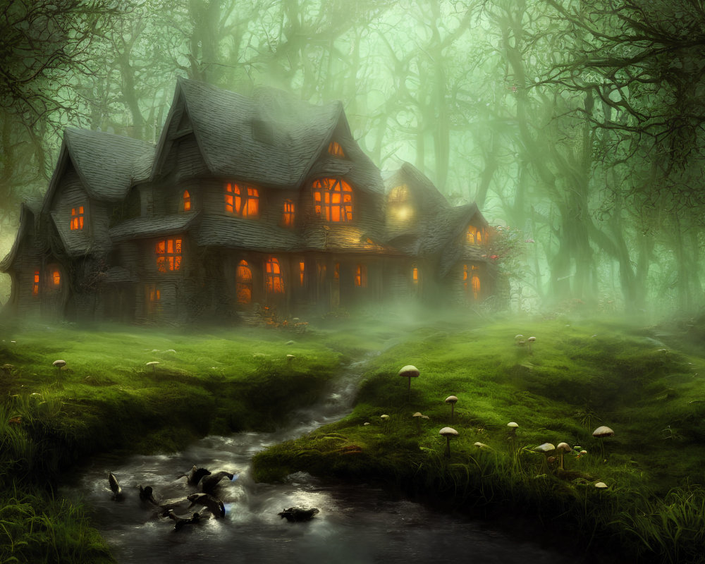 Enchanting cottage in foggy forest with glowing windows