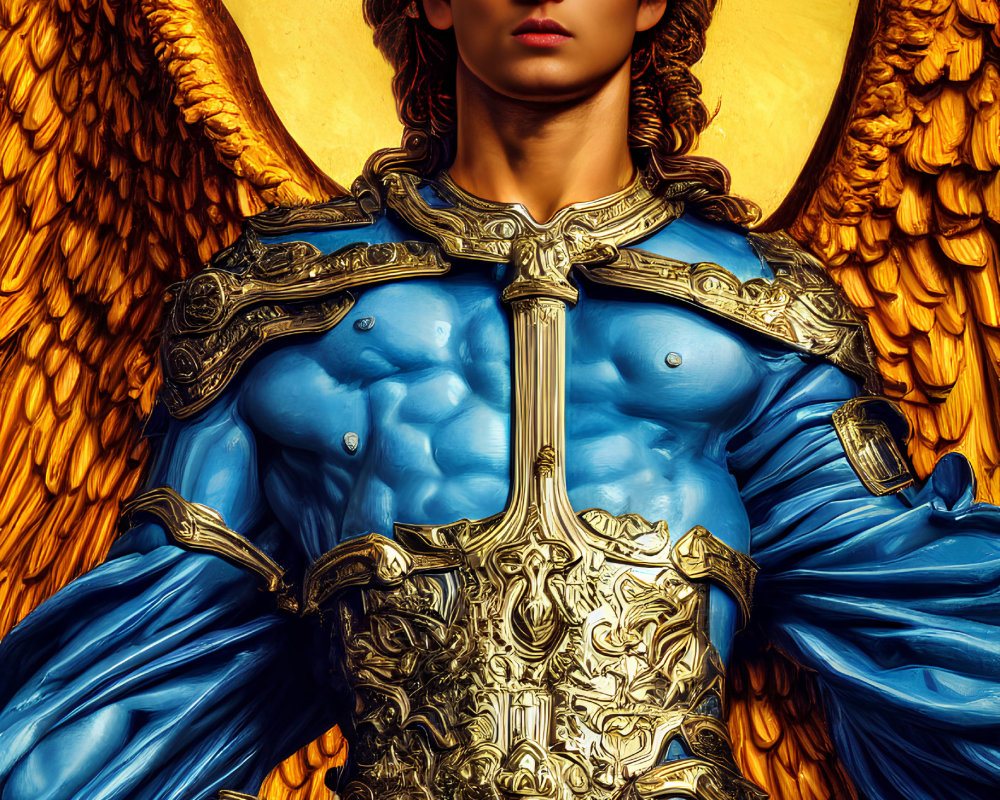 Angel in Blue Armor with Gold Accents Holding Sword on Yellow Background