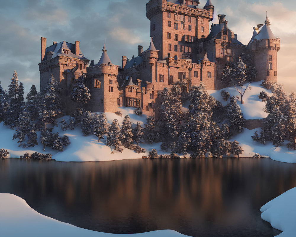 Stone castle with towers in snowy landscape reflected in lake at sunset/sunrise