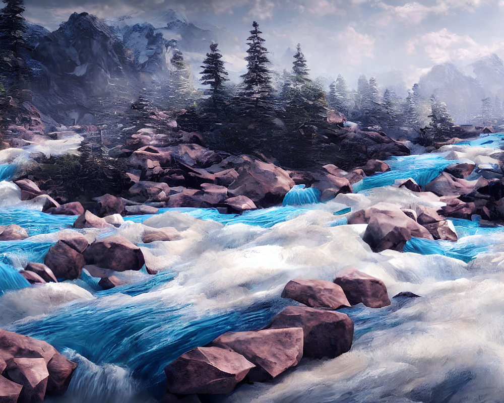 Vibrant digital artwork of rocky river landscape with blue waters and misty mountains
