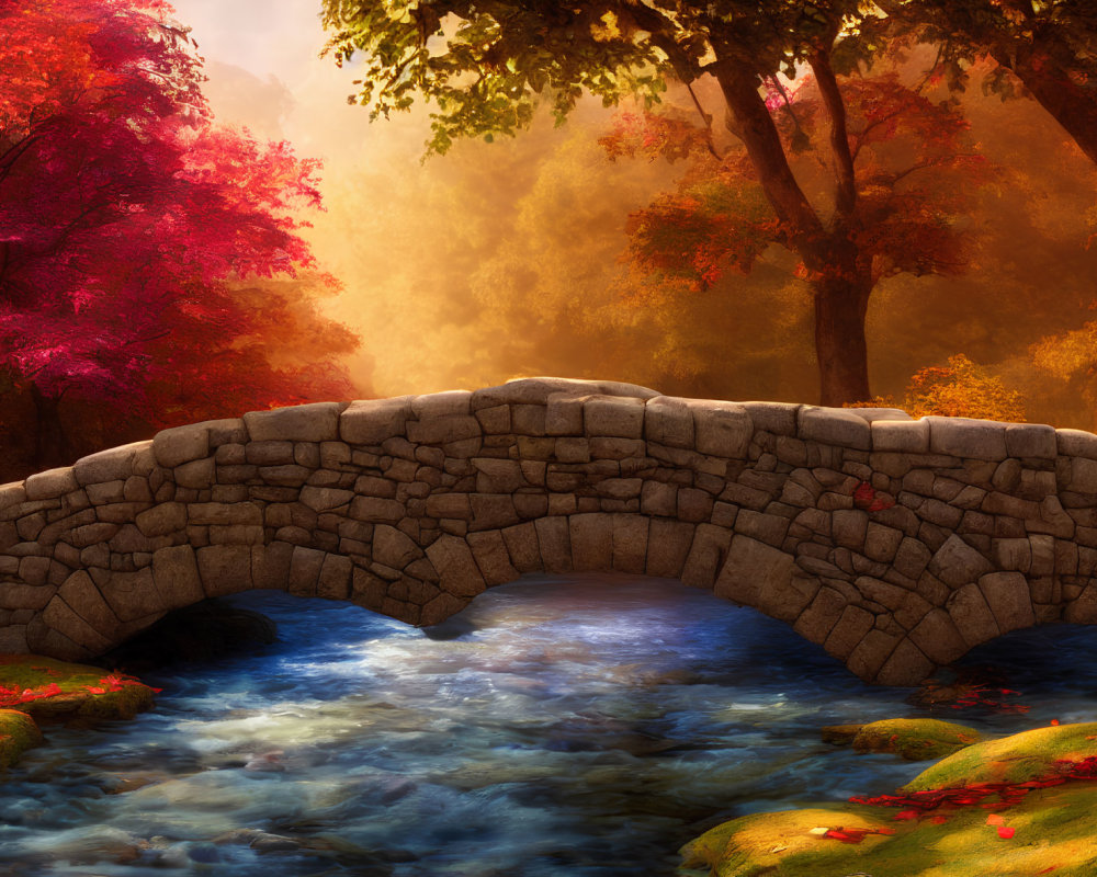 Stone bridge over clear stream surrounded by lush greenery and autumn trees in golden sunlight