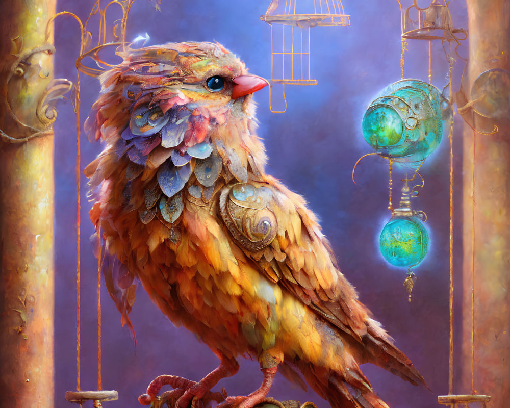 Colorful mechanical bird amidst golden structures and globes