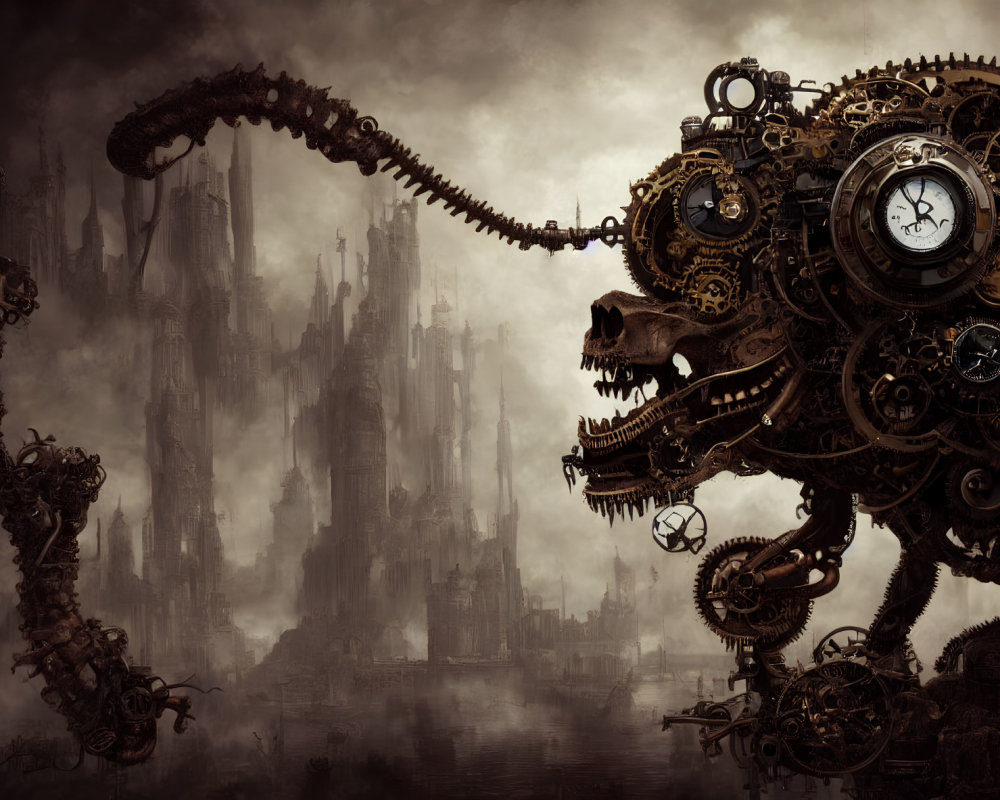 Steampunk Mechanical Dragon with Clock Elements in Gothic Cityscape