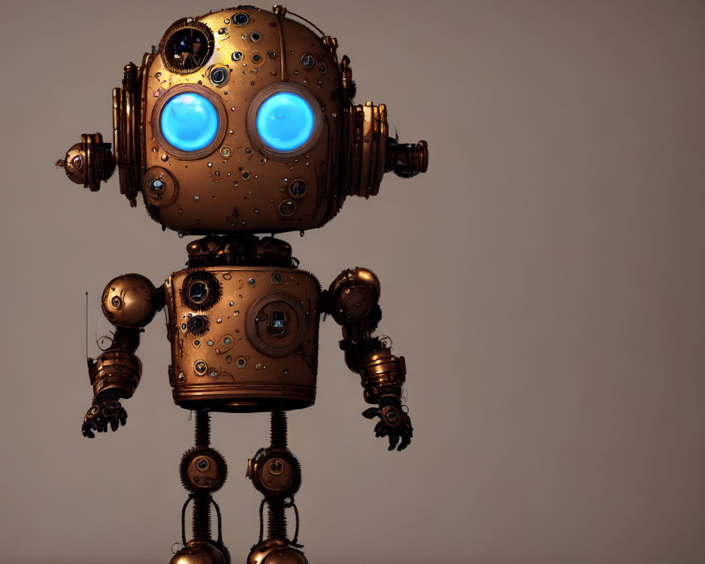 Vintage-Style Robot with Round Body and Glowing Blue Eyes