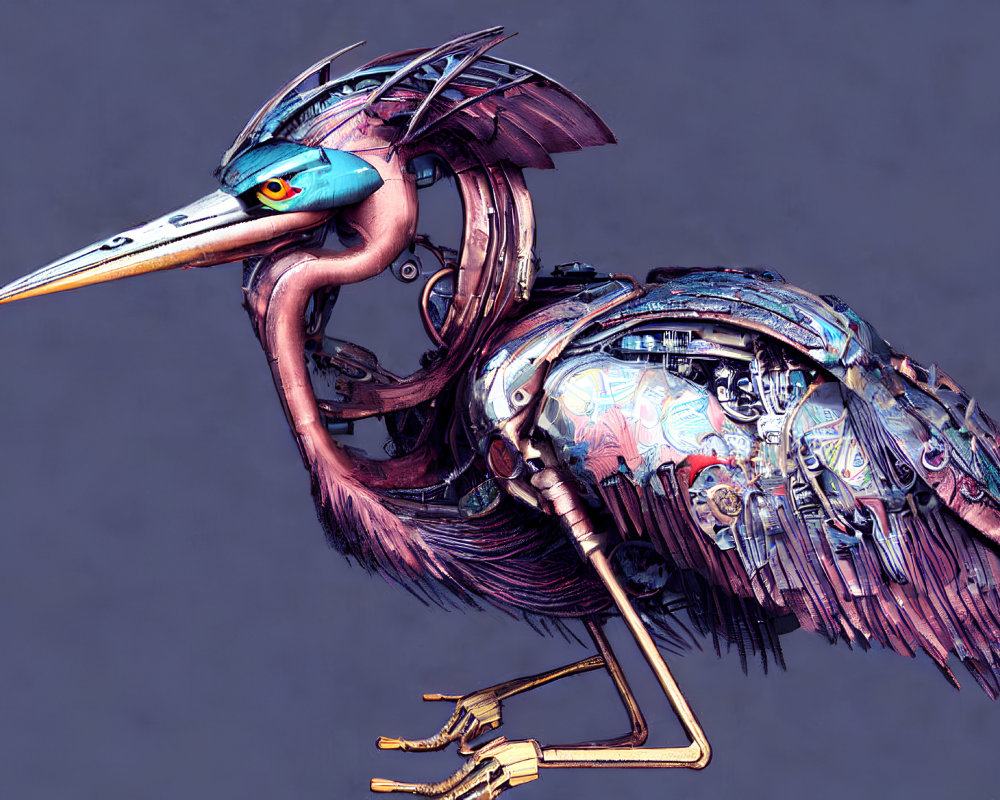Mechanical Heron Artwork with Cybernetic Components & Vivid Colors