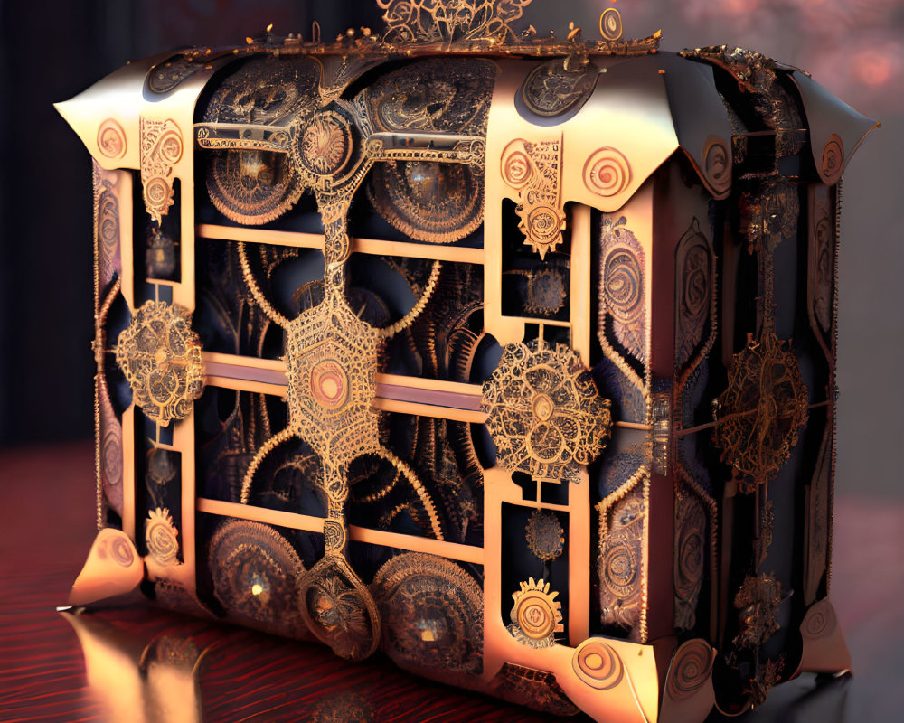 Steampunk-inspired ornate chest with metallic gears and golden details