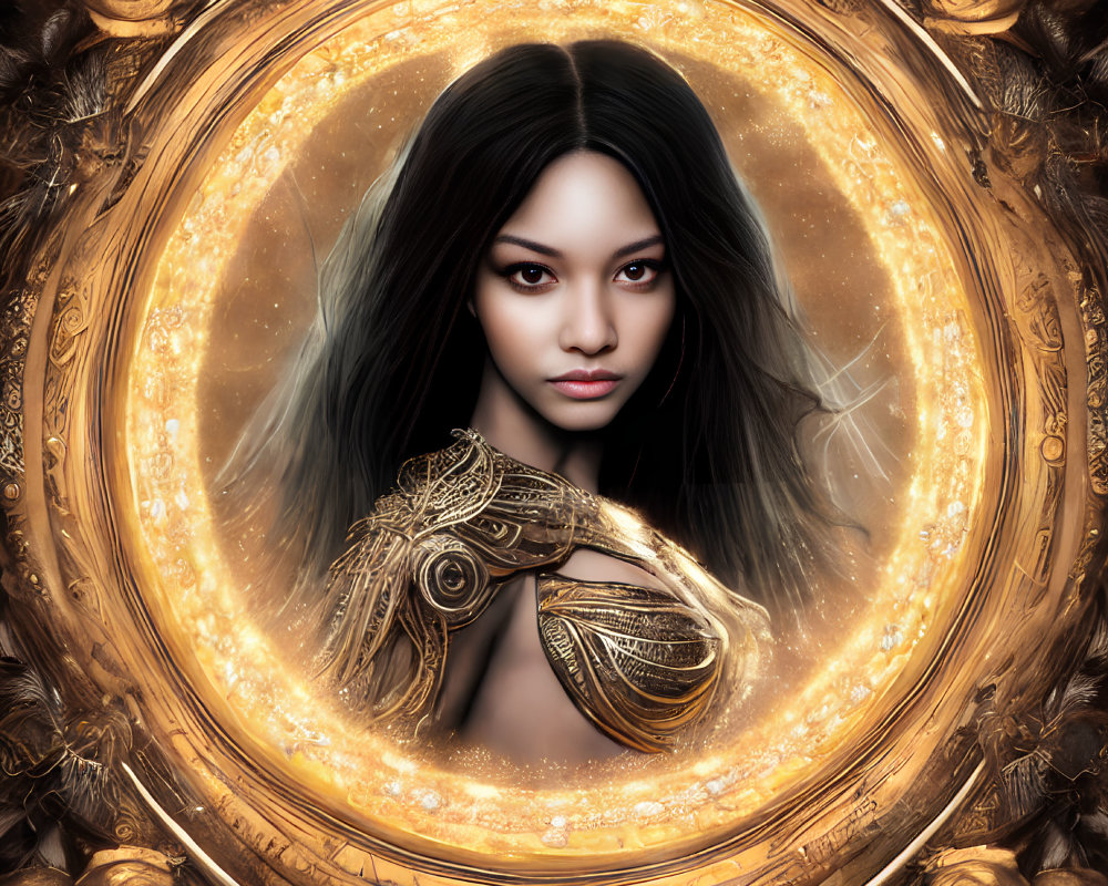 Digital artwork: Woman with black hair in golden circular frame, arm turns into mechanical structure