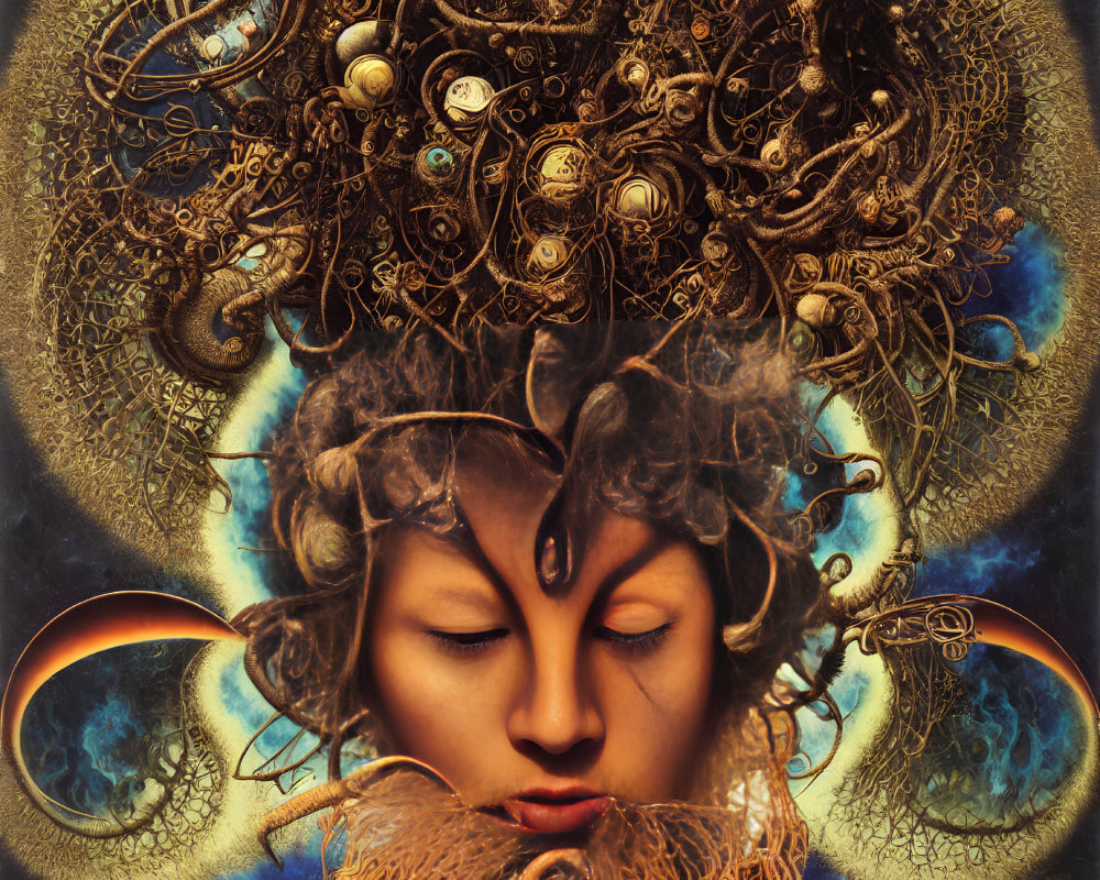 Surreal artwork featuring person with intricate gear-like hair against cosmic background