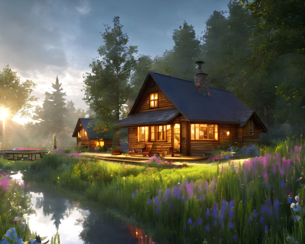 Rustic log cabin in wildflower meadow at sunset
