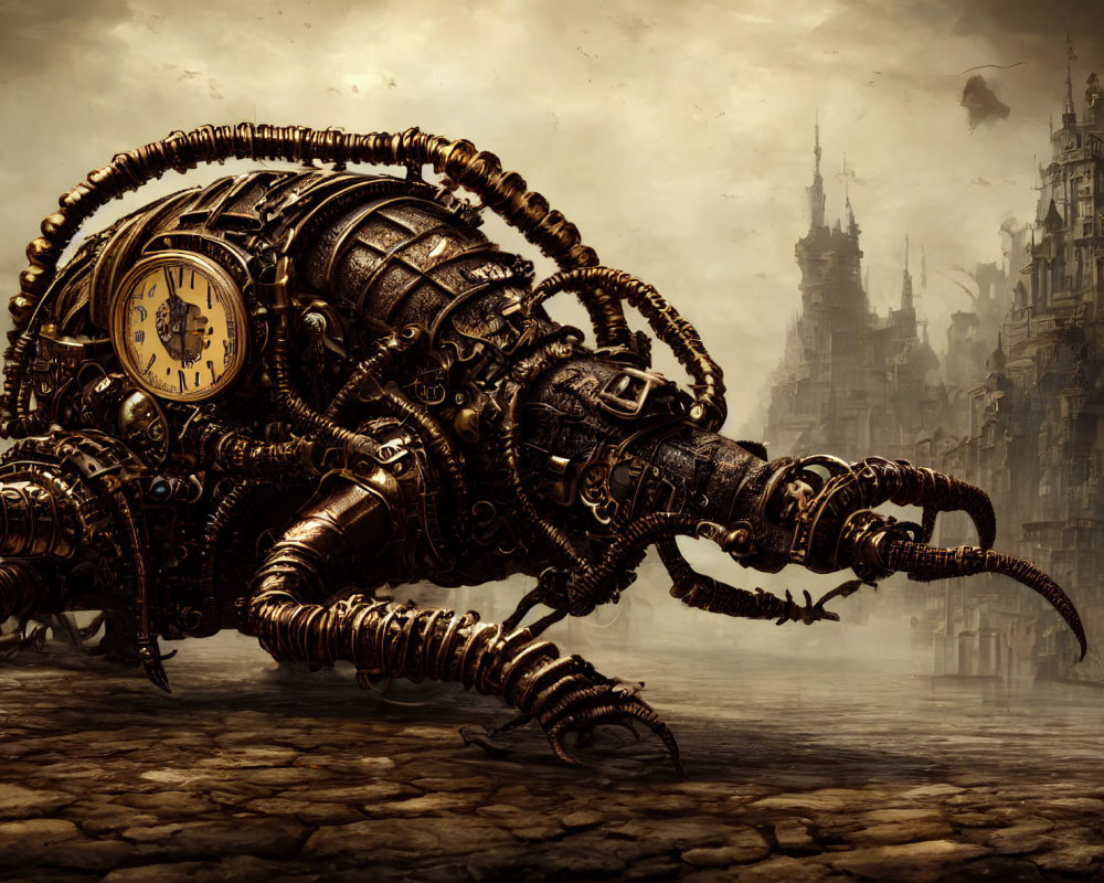Steampunk-style mechanical octopus with clock on misty industrial landscape.