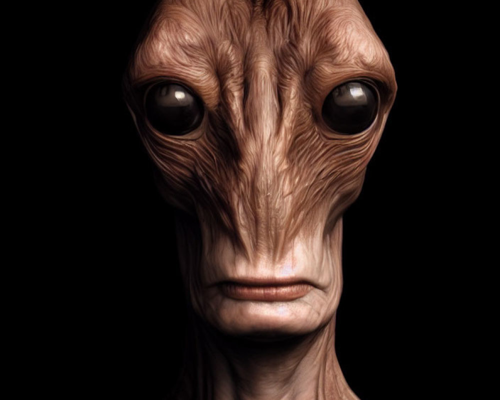 Alien digital artwork with large, sad eyes and textured skin