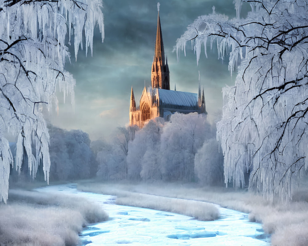 Frozen Trees and Gothic Cathedral in Twilight Winter Scene