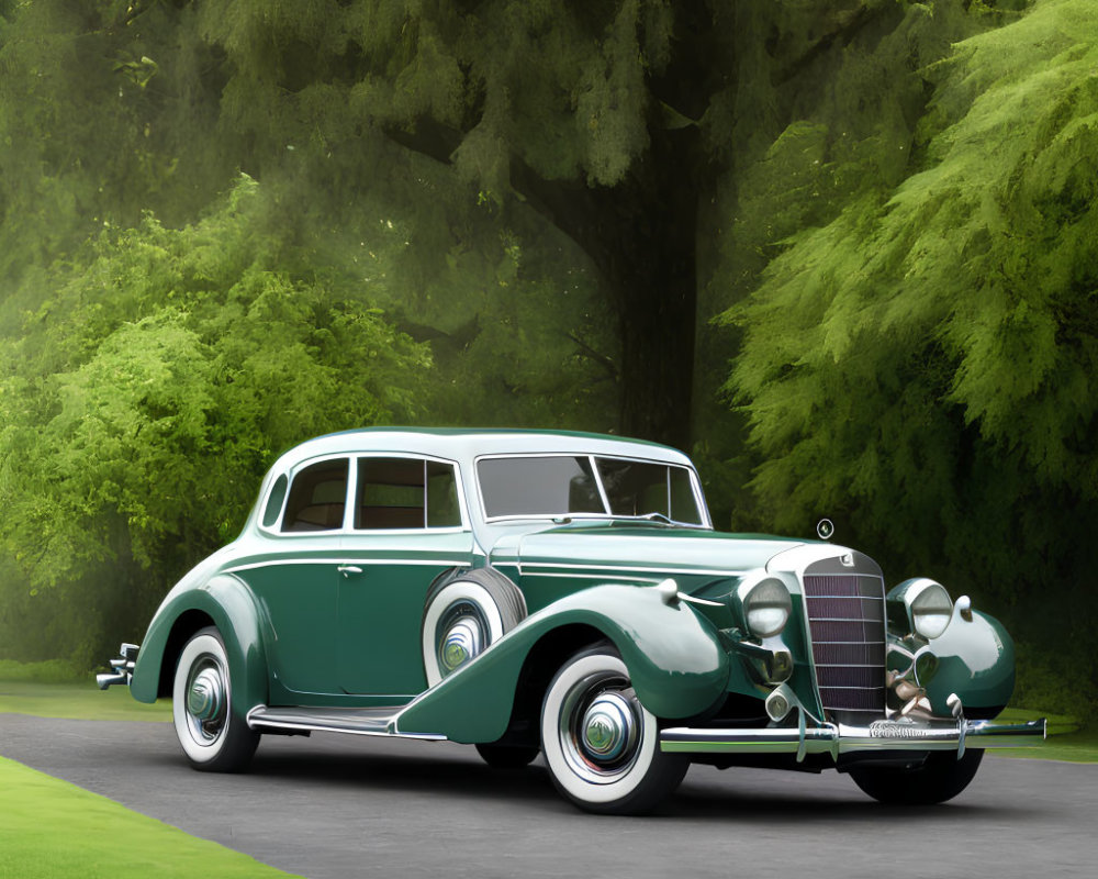 Vintage Green Car with Chrome Details Parked on Road Amid Lush Trees