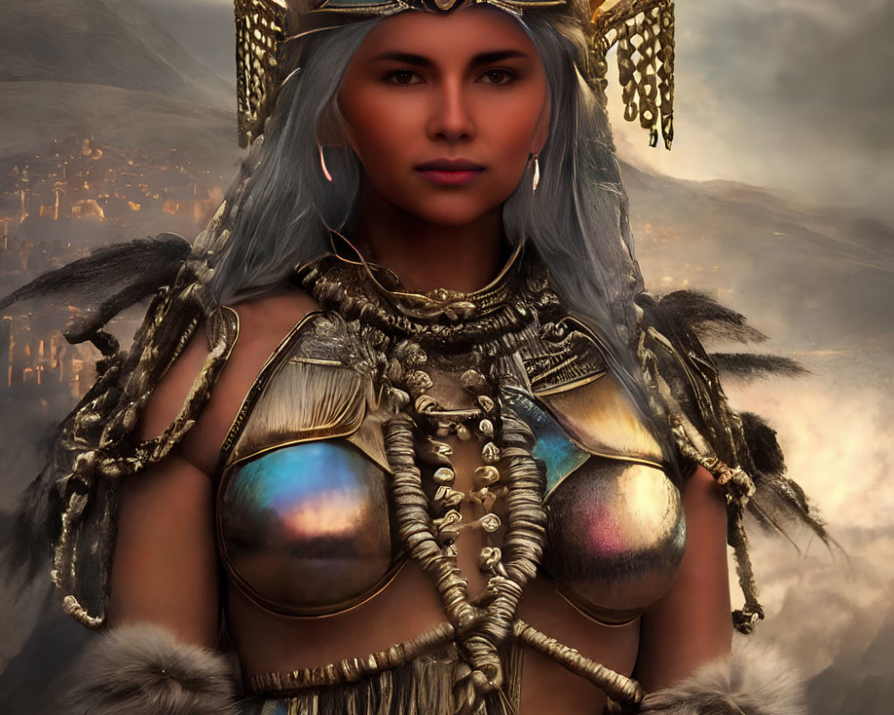 Digital art portrait of woman in ornate fantasy armor with helmet, set against mountainous backdrop and distant