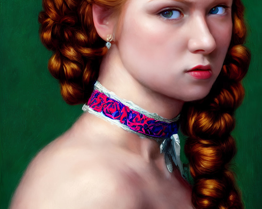 Portrait of woman with red braided hair, blue eyes, choker, pale dress on green background