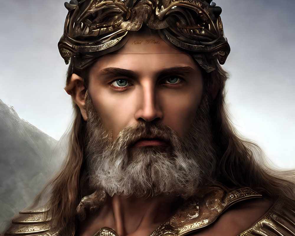 Regal man with crown in ornate gold armor on misty mountain backdrop
