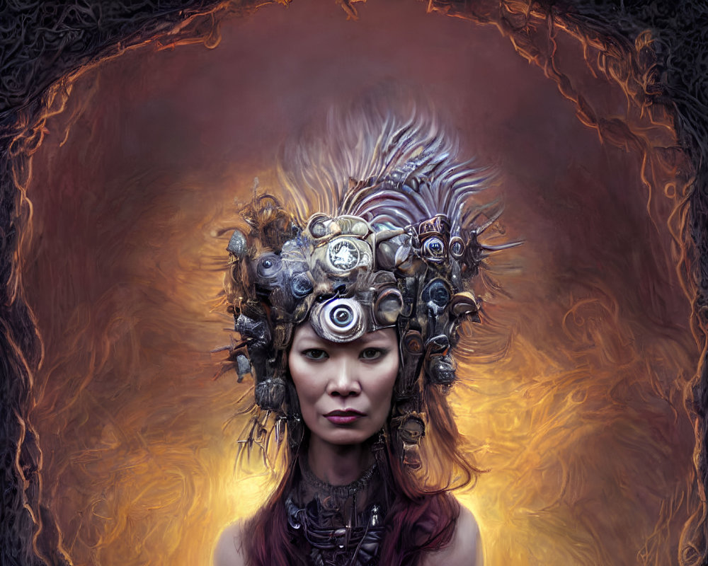 Steampunk-themed woman wearing ornate headdress with gears and feathers in intense gaze against fiery backdrop