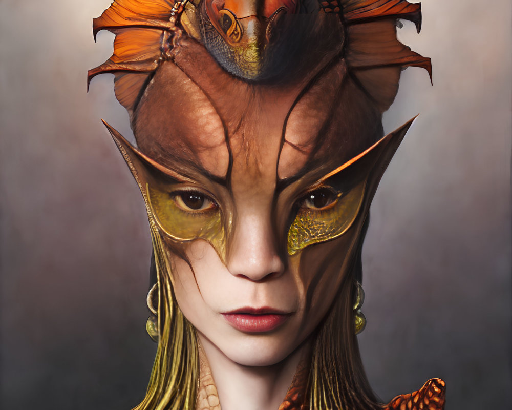 Fantasy portrait of person with lizard-like features and golden skin