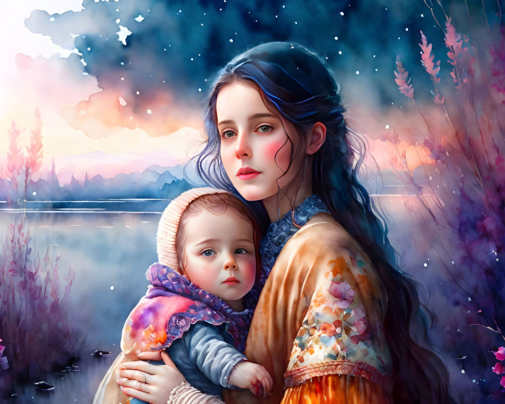 Illustrated woman with blue hair and child in colorful shawl by lake at twilight