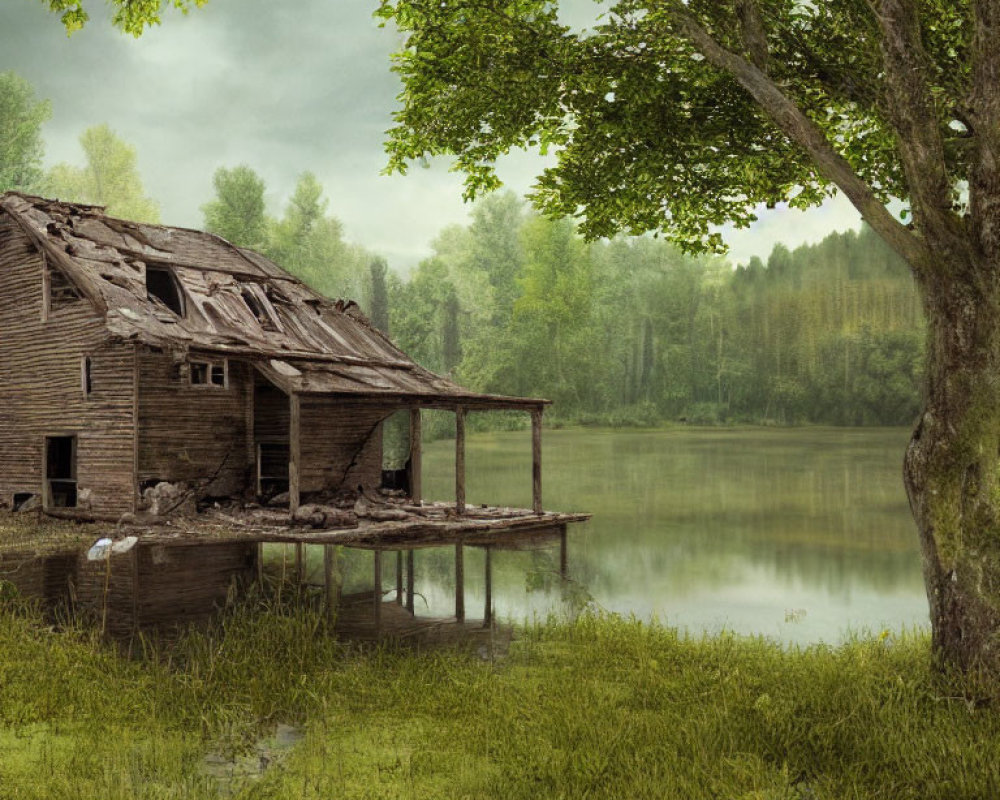 Abandoned wooden house near lake in foggy green scenery