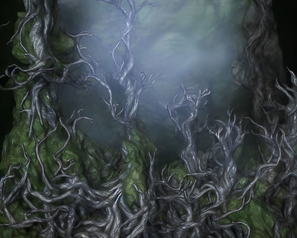 Mysterious forest scene with twisted tree roots and branches