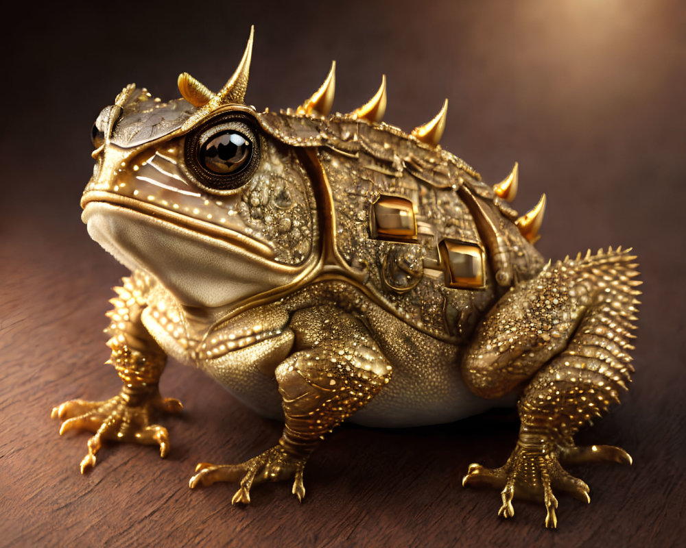 Golden mechanical frog with intricate gears and spikes on wooden surface