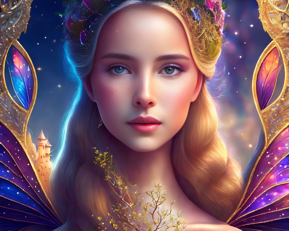 Fantastical illustration of woman with floral crown and butterfly wings, glowing ethereally, with castle