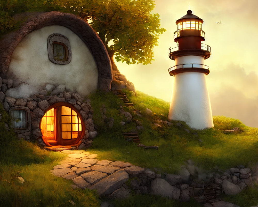 Illustration of cozy hillside house with circular door and lighthouse in warm sunset
