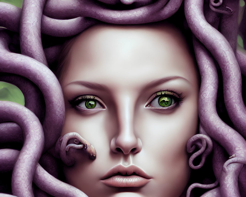 Digital portrait of woman with green eyes and purple tentacle hair on leafy background