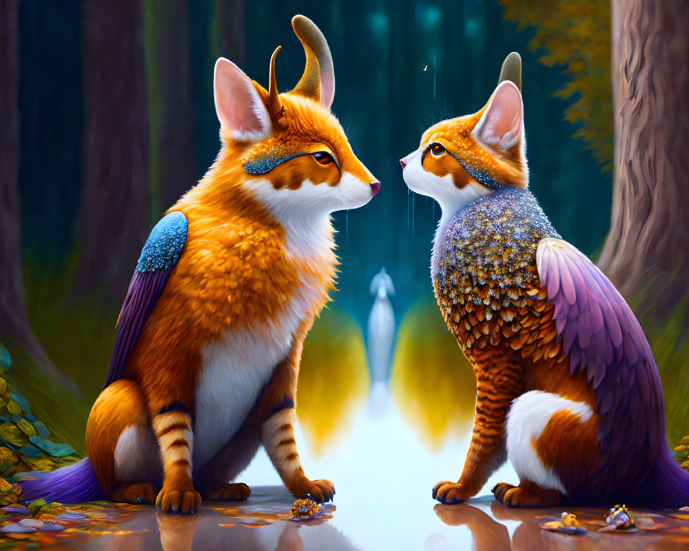 Vibrant orange fantasy foxes with colorful wings in enchanted forest