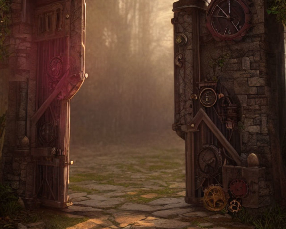 Stone archway with gears and wooden door in lush forest setting.