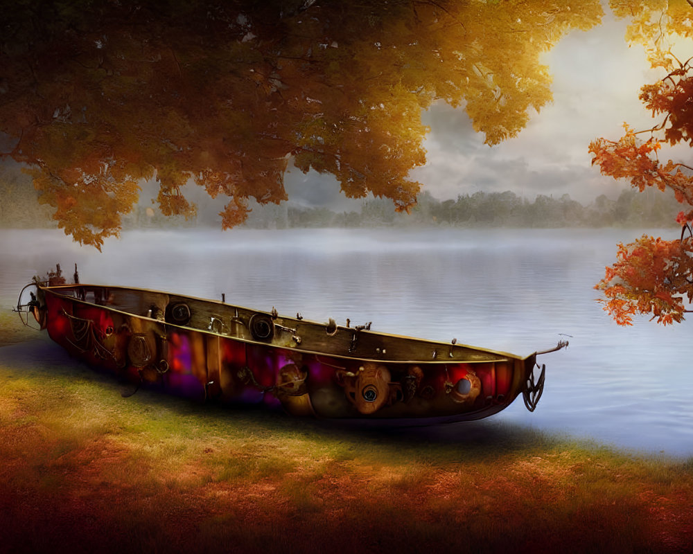 Colorful Canoe Resting Under Autumn Trees by Calm Lake at Sunrise or Sunset