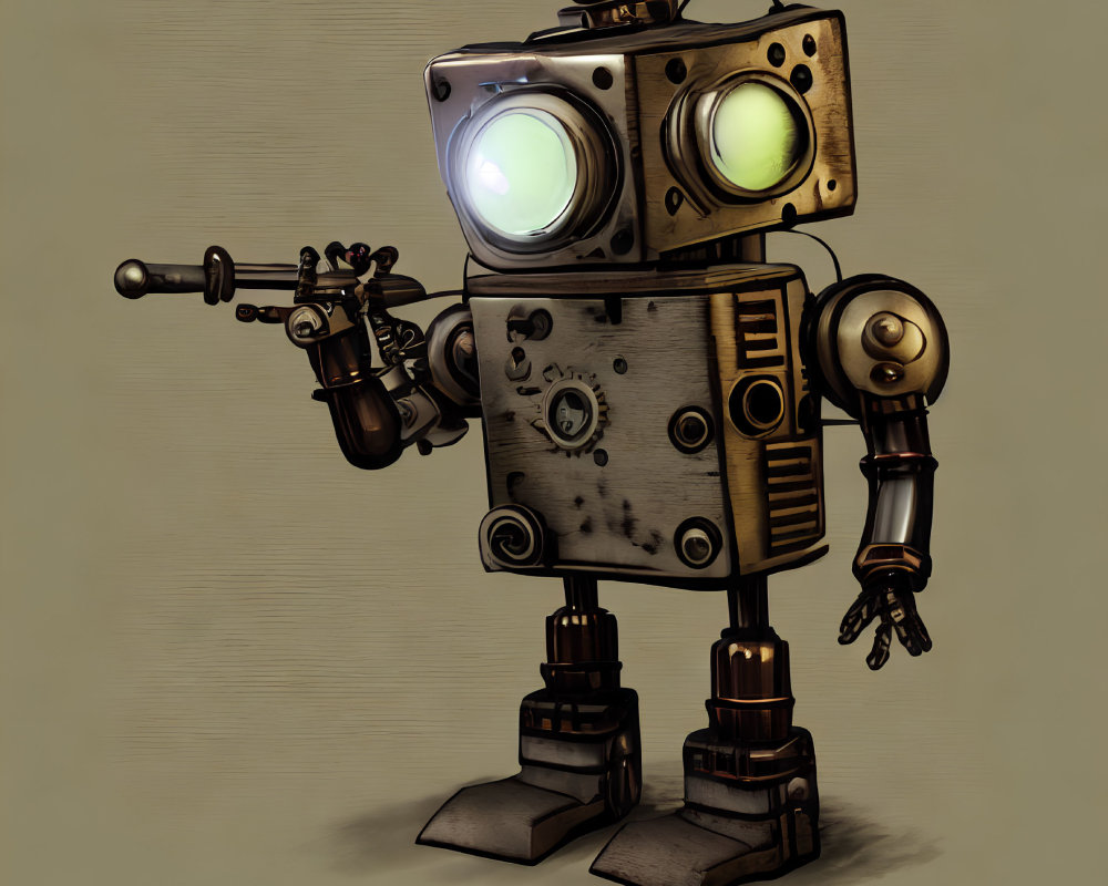 Vintage-Style Robot with Camera Head, Glowing Eyes, Mechanical Arm, and Heavy Boots