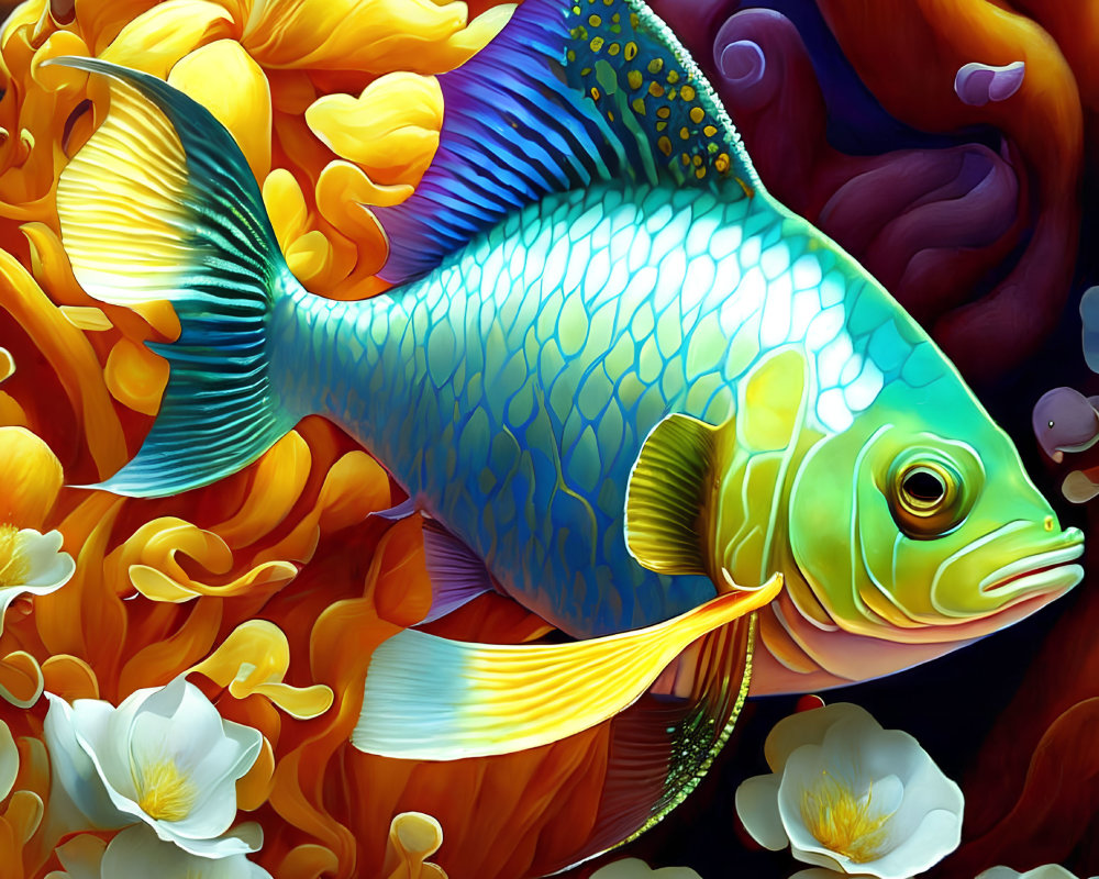 Colorful digital artwork: Blue and yellow fish in psychedelic fantasy scene