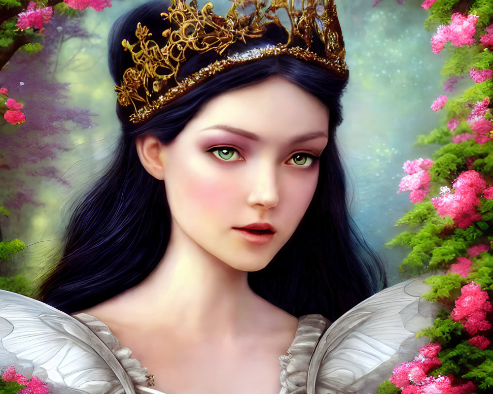 Fantasy queen digital art with golden crown, green eyes, pink blossoms