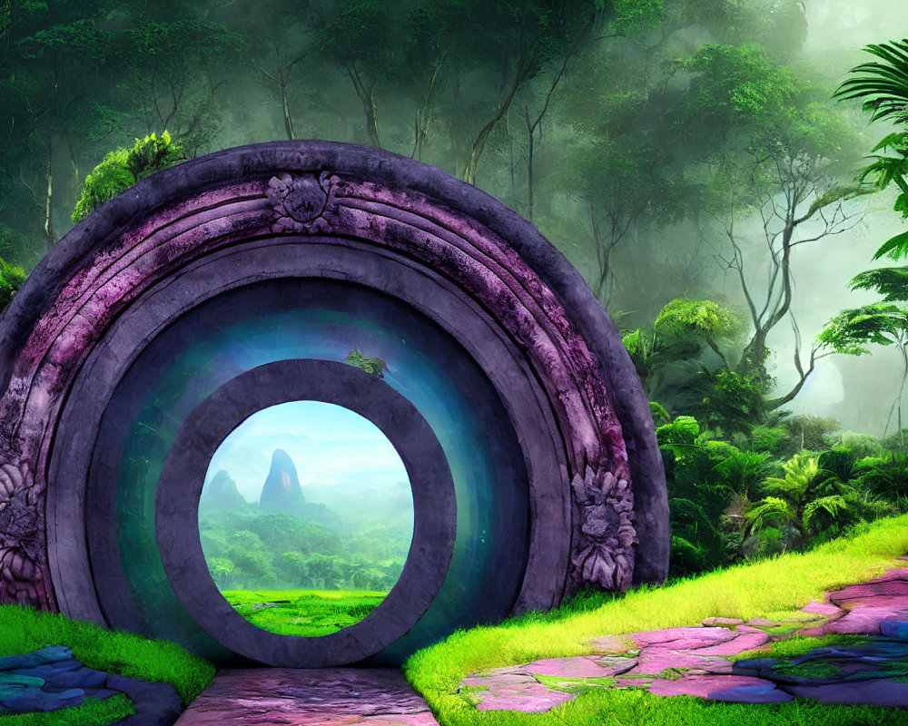 Stone circular portal with intricate carvings leading to lush green landscape and misty forest.