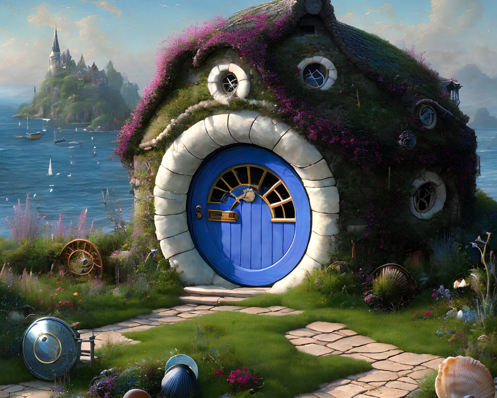 Whimsical cottage with blue round door in seaside landscape