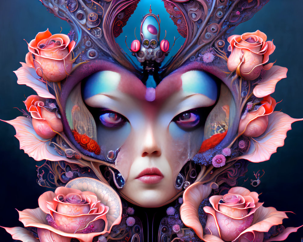 Digital Art: Female Figure with Ornate Rose Headdress on Dark Background