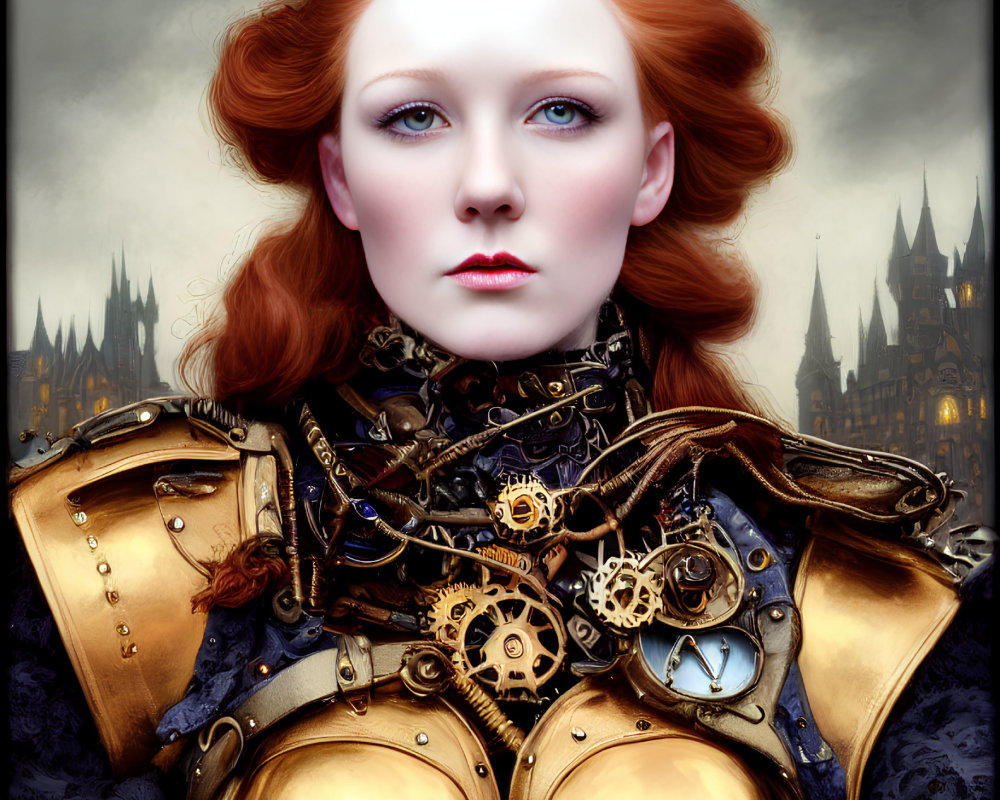 Regal figure with red hair and crown in steampunk armor against gothic backdrop