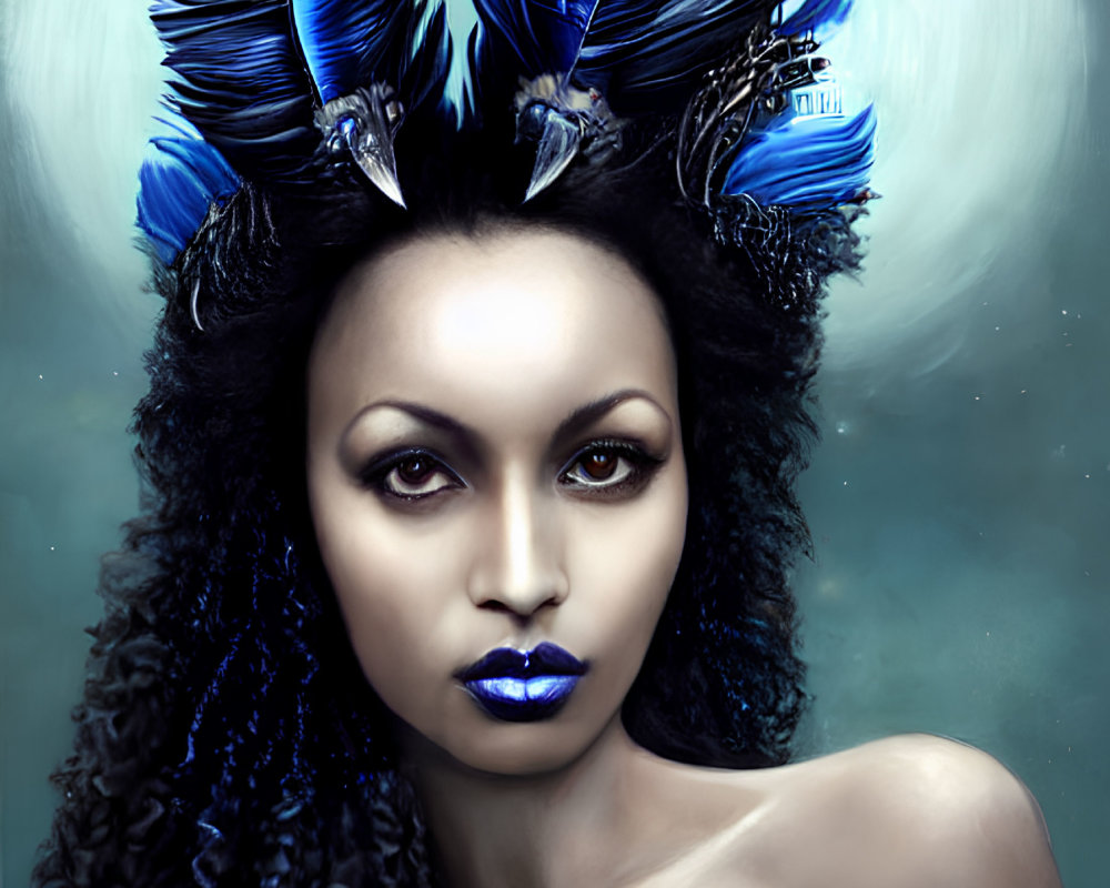 Digital portrait of woman with dark curly hair, blue lipstick, and feathered headpiece
