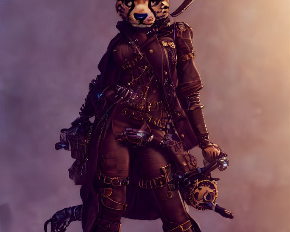 Elaborate steampunk costume with jaguar mask and gadgets pose dramatically
