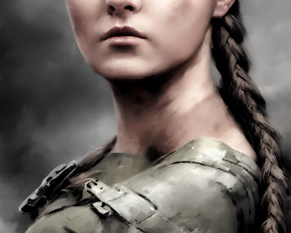 Digital artwork of a woman with braided side ponytail and intense gaze in gray outfit.